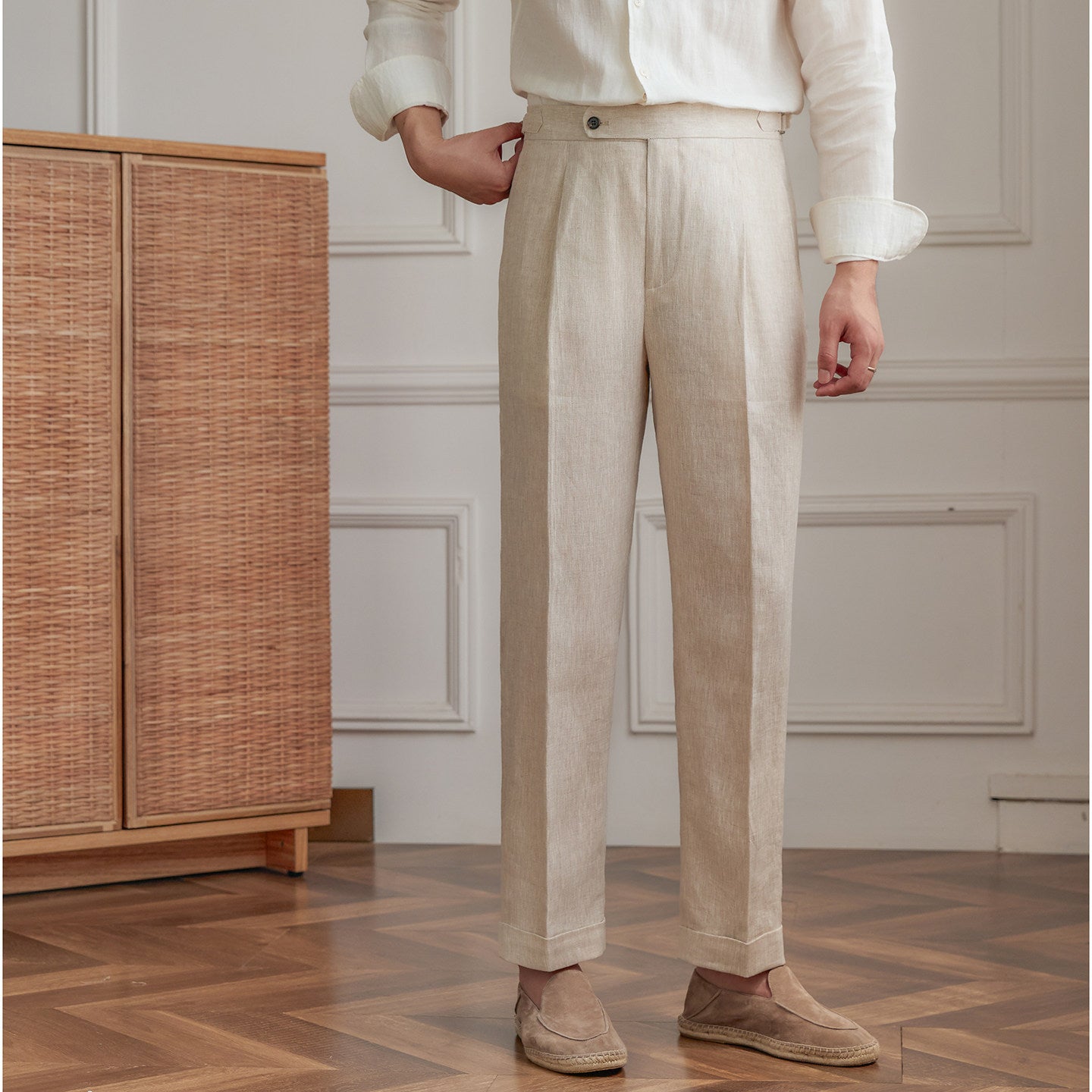 Summer Linen Straight-leg Trousers, High-waisted Neapolitan Style Trousers