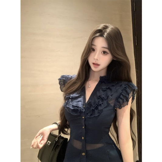 Ruffled French-collar Cap-sleeve Chiffon Blouse