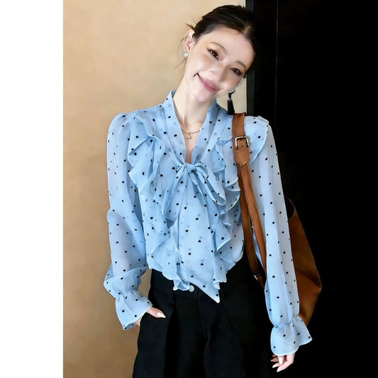 Elegant Polka-Dot Ruffle-Bow Chiffon Shirt