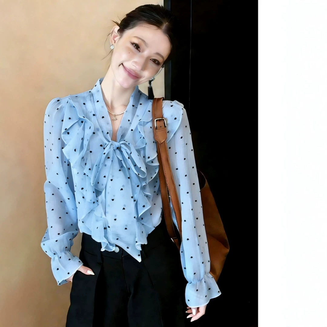 Elegant Polka-Dot Ruffle-Bow Chiffon Shirt