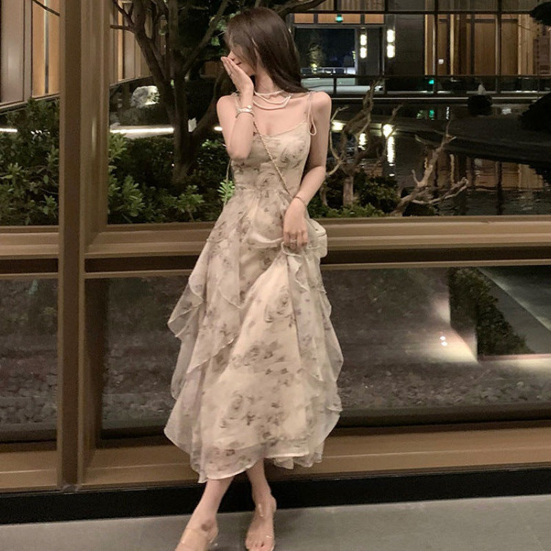 Ink-wash Floral Asymmetrical Waist-cinched Slip Dress
