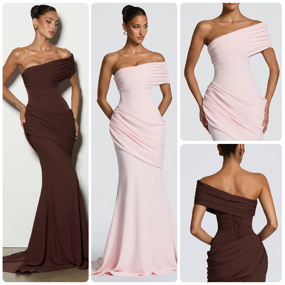 Off-shoulder Strapless One-shoulder Patchwork Pleated Maxi Dress