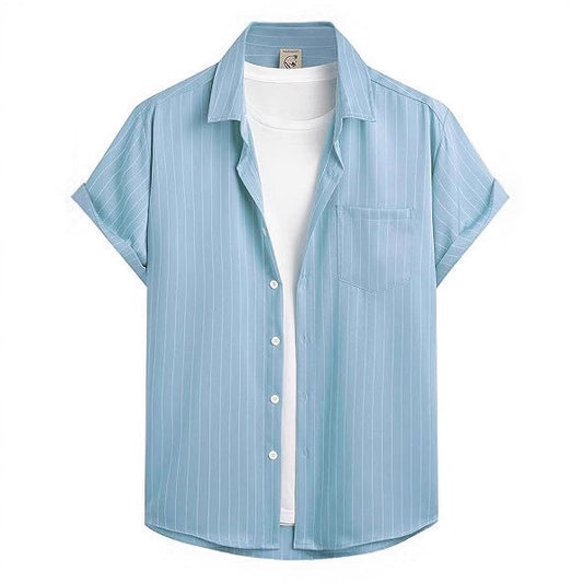 Striped And Solid-color Short-sleeve Shirt-cardigan