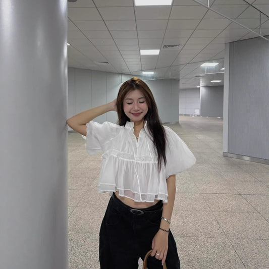 Stand-up Collar Puff Sleeves Fitted Waist Single-breasted Short Sleeves