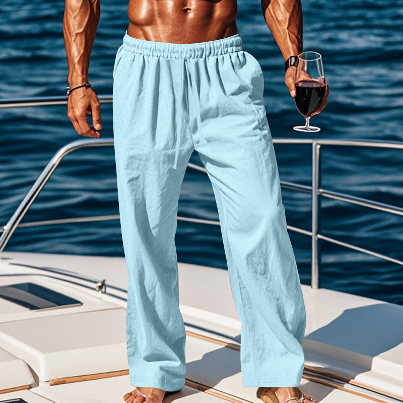 Independent Site European And American Men's Linen Mid-Waist Solid Color With Drawstring