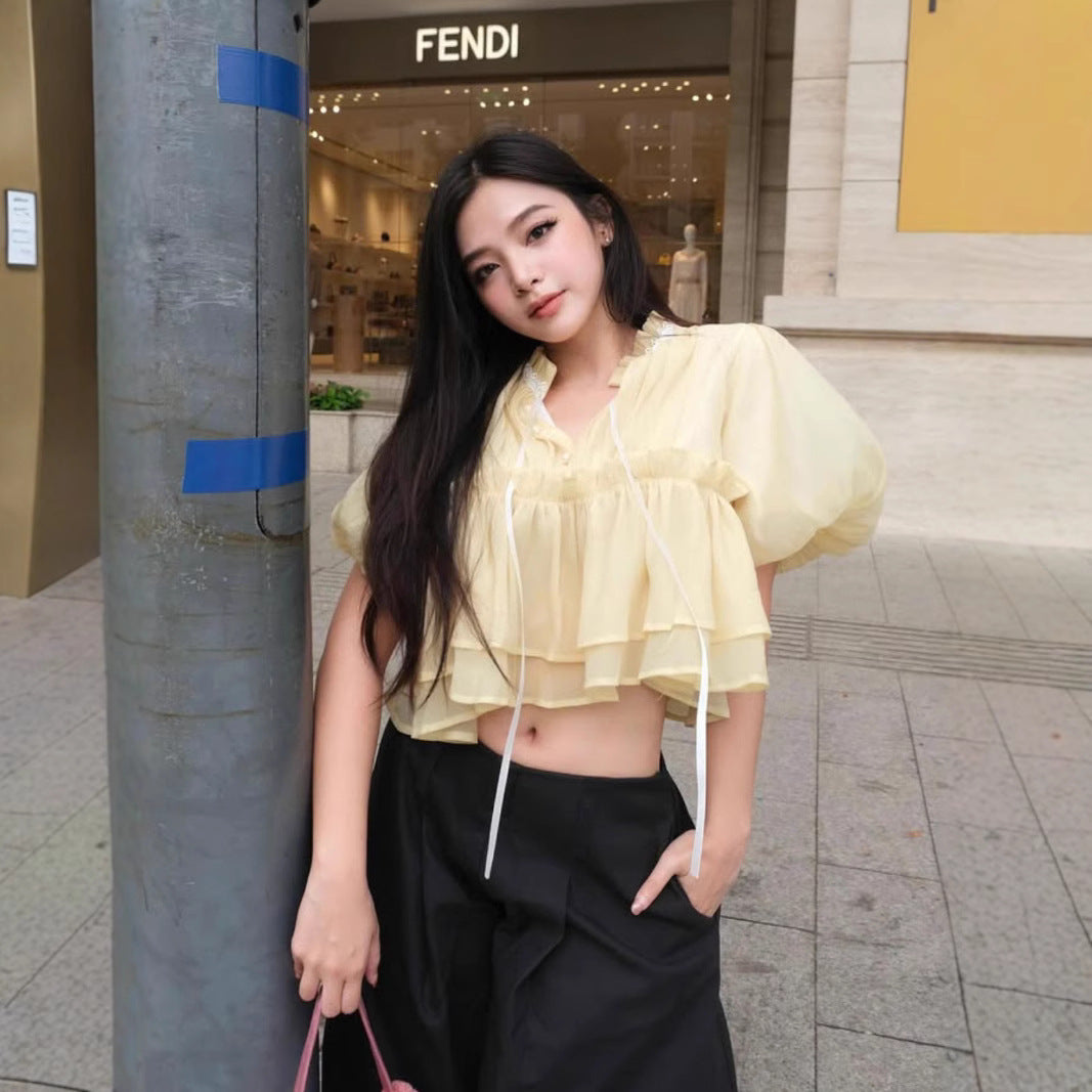 Stand-up Collar Puff Sleeves Fitted Waist Single-breasted Short Sleeves