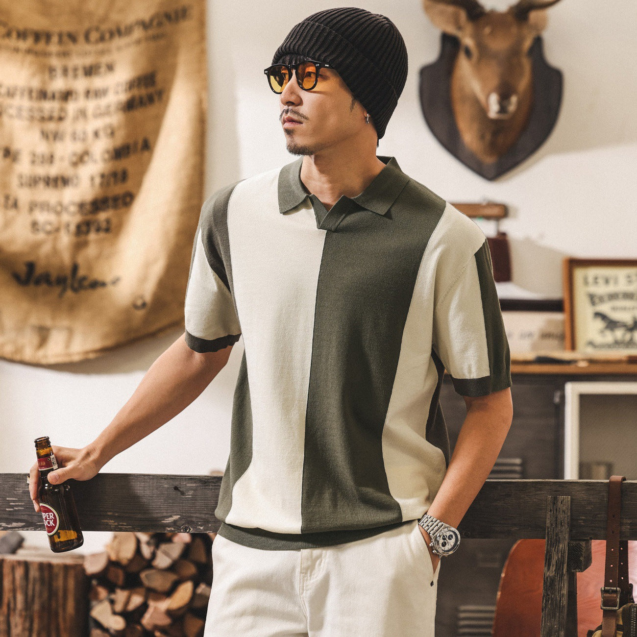 American-style Retro Color-block Short-sleeve