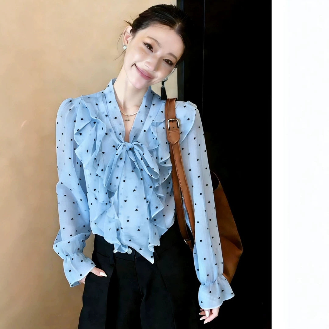 Elegant Polka-Dot Ruffle-Bow Chiffon Shirt