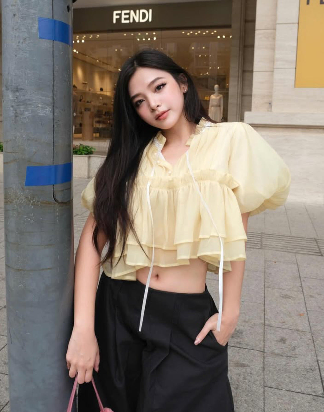 Stand-up Collar Puff Sleeves Fitted Waist Single-breasted Short Sleeves