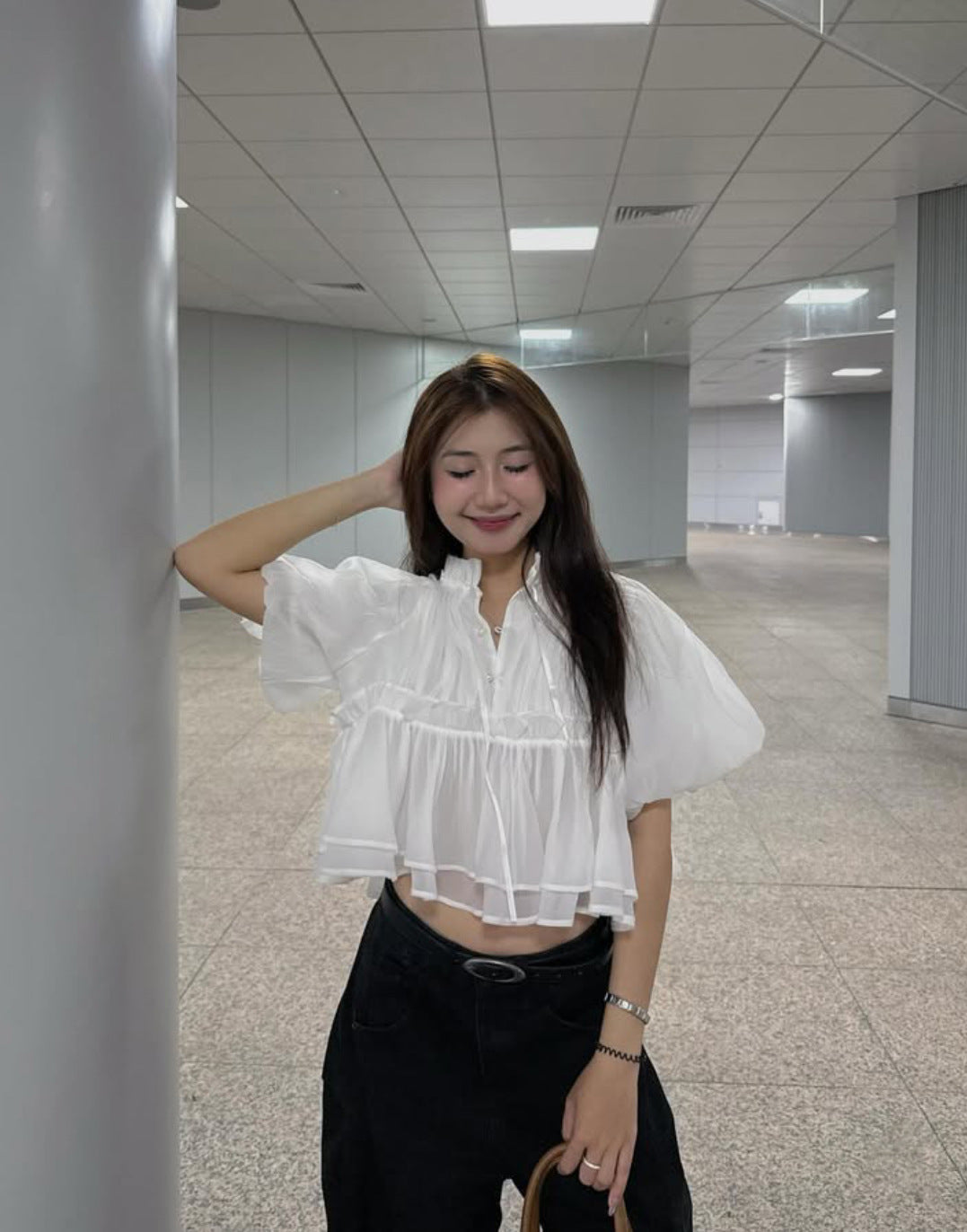 Stand-up Collar Puff Sleeves Fitted Waist Single-breasted Short Sleeves