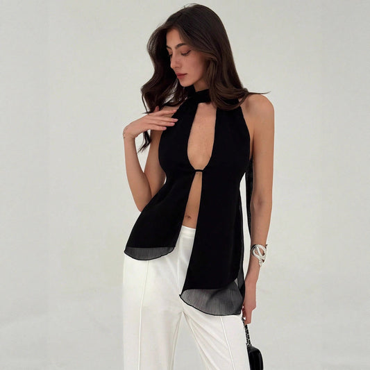 Designer-style Vacation-ready Solid-color Sleeveless Top For Bold