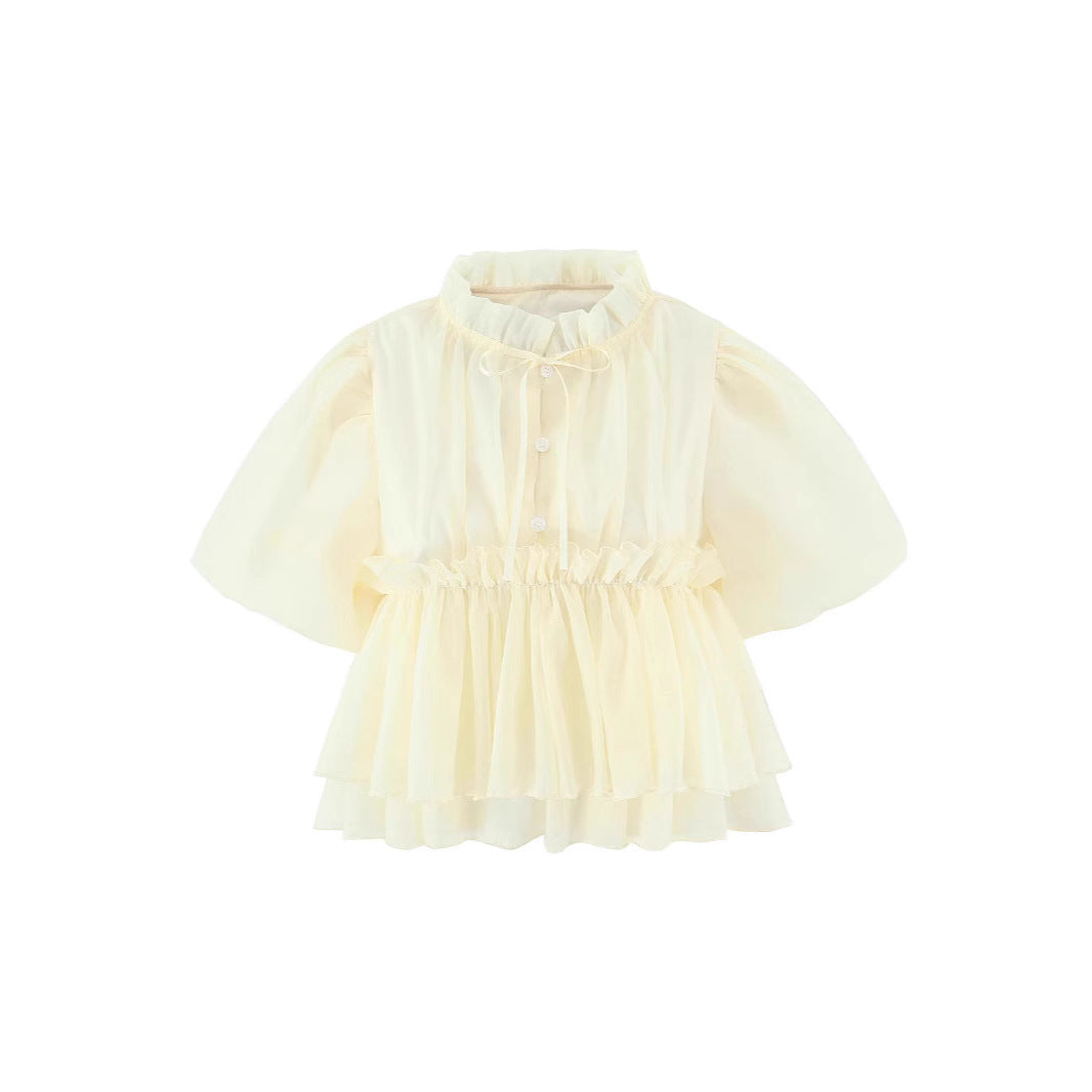 Stand-up Collar Puff Sleeves Fitted Waist Single-breasted Short Sleeves