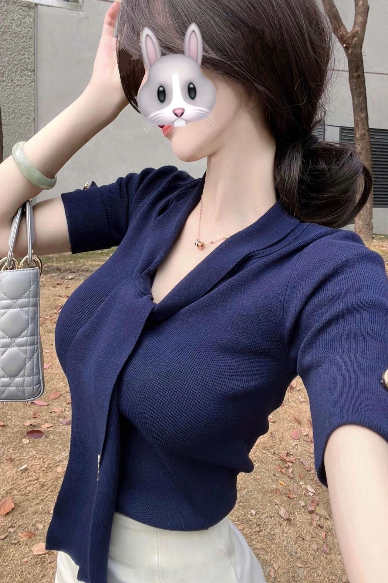 Elegant Ribbon Detail Chic And Mature Figure-hugging Short-sleeve T-shirt