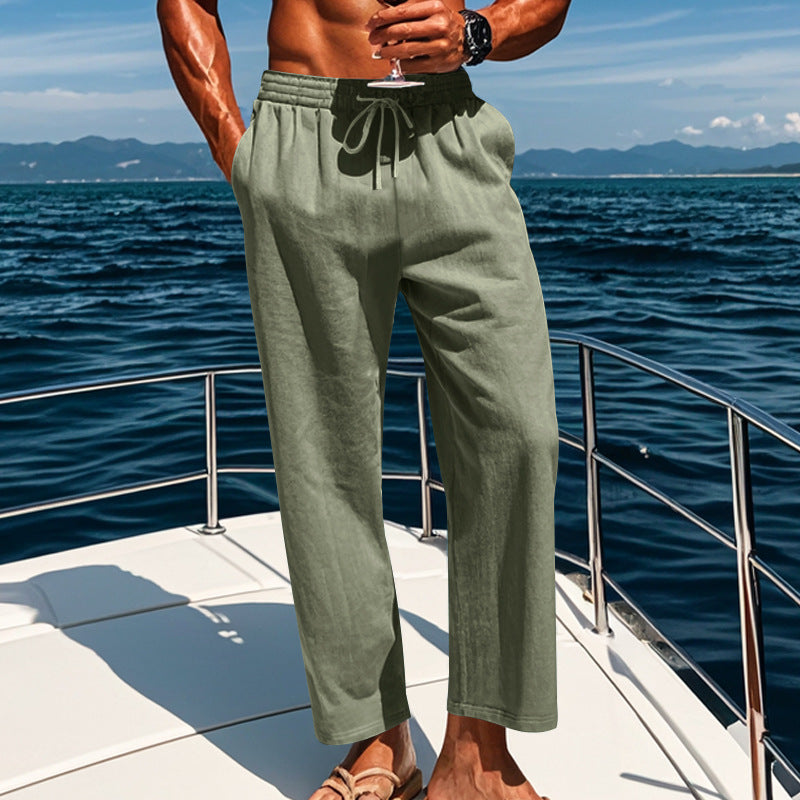 Independent Site European And American Men's Linen Mid-Waist Solid Color With Drawstring